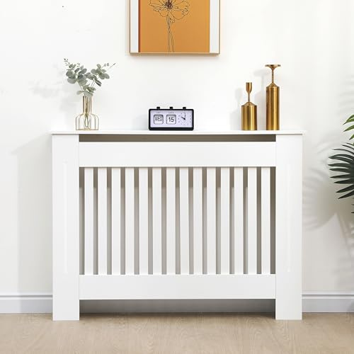Vivo Technologies Cache-radiateur Blanc Moderne à Lattes Horizontales, Couverture de radiateur Moyenne, Grille d'étagère, Armoire en Bois MDF, Couverture décorative pour Chauffage, Blanc, 112 x 82 x