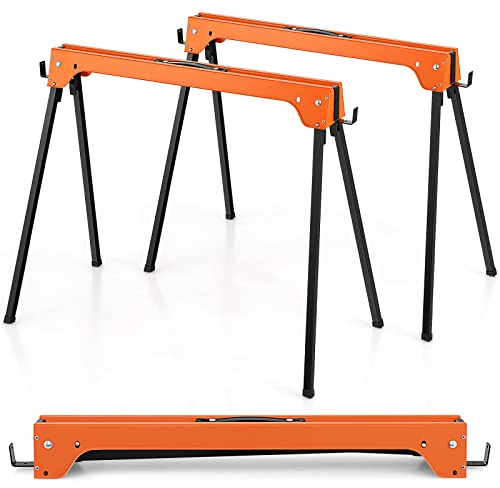 COSTWAY Lot de 2 Tréteaux Pliables Métalliques Charge Max 600 kg, Tréteaux Pliants Compacts avec 4 Crochets, Poignée, Pieds Antidérapants pour Bricolage, Sciage, 92 x 48 x 74 cm (Orange)