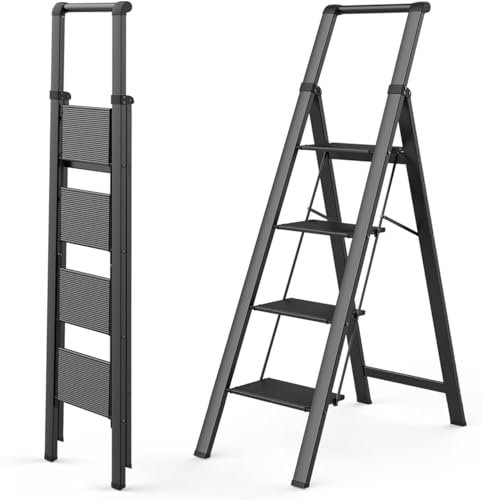 Scala nera Scaletta a 4 gradini Scala pieghevole per uso domestico leggera Scala in alluminio da appoggio ispessita con piedini antiscivolo Scalette pieghevole scala