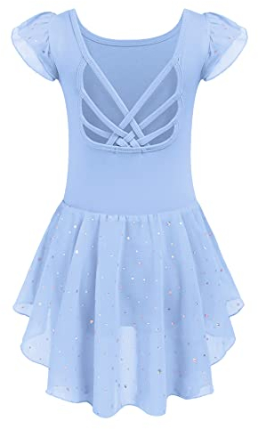 Arshiner Kinder Ballettkleid Rückenfrei Mädchen Kurzarm Ballettkleidung Baumwolle Tanzkleid Ballett Turnanzug Blau Balletttrikot mit UnregelmäßIges Ballettrock 150/7-8 Jahre