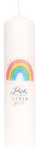 Taufkerze mit Druckmotiv - Mit Jesus ist mein Leben bunt. Schmale Wachskerze für die Taufe mit Spruch & christlichem Taufsymbol im Format Ø 4 x 25 cm. Ideal als Taufgeschenk