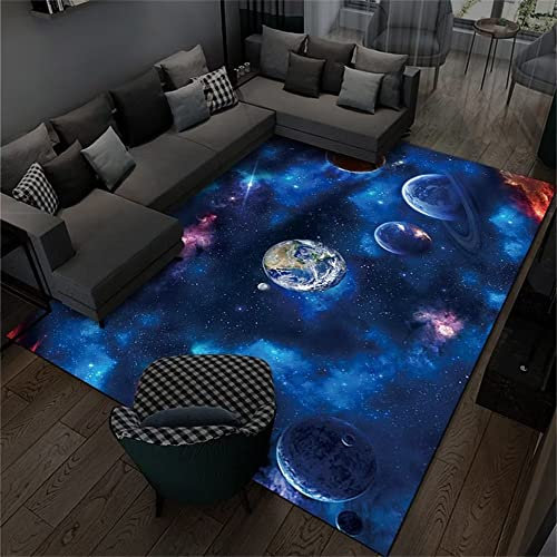 RUGMRZ Möbel Wohnzimmer Flickenteppich Waschbar Blauer Schlafzimmerteppich Planetenmuster Dekoration super weich und bequem Teppich Kinderzimmer 140X200CM