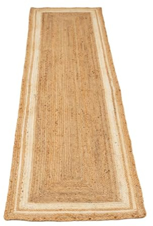Handwoven Jute Rug Braided Natural Beige White Border Rustic Rectangular Eco-Friendly Sustainable for Living Room Mat, Entrances Hallway Runner Rugs 60cm x 240cm