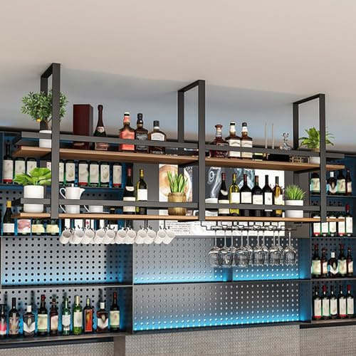 Deckenregal Weinregal - Decken Regal Hängend Weinglasregal aus Metall, 2-lagiger industrieller hängender Weinflaschenhalter mit Glasablage für Stielgläser, für Bar Café Küche (Schwarz, 200×30×80cm)