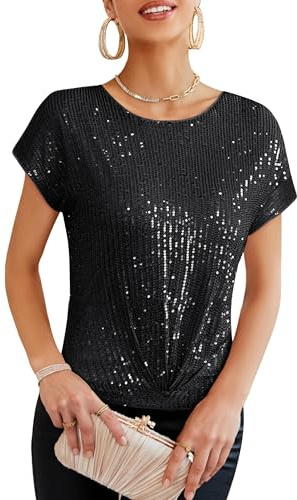 GRACE KARIN Donna Top con Paillettes Manica Corta Collo Tondo Apertura sulla Schiena per Feste