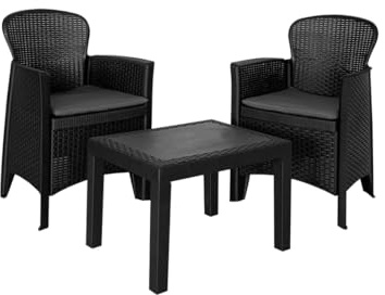Acomoda Textil - Conjunto de Jardín con 2 Sillones + Mesa de Polipropileno Resistente Rayos UV, Decorativo y Ligero. Set Asiento con Cojín para Exterior en Terraza, Patio o Balcón de Fácil Instalación