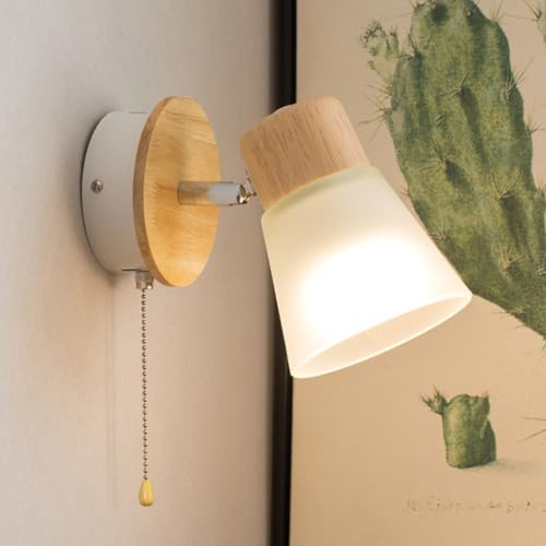 GZZBMY Wandlampe mit Zugschnurschalter Innen E27 Wandleuchte 180° Drehung Holz Vintage Metall Moderne Wandleuchten mit Schalter Nachttischlampe Schlafzimmer Wohnzimmer Korridor (Weiß,1 Stück)