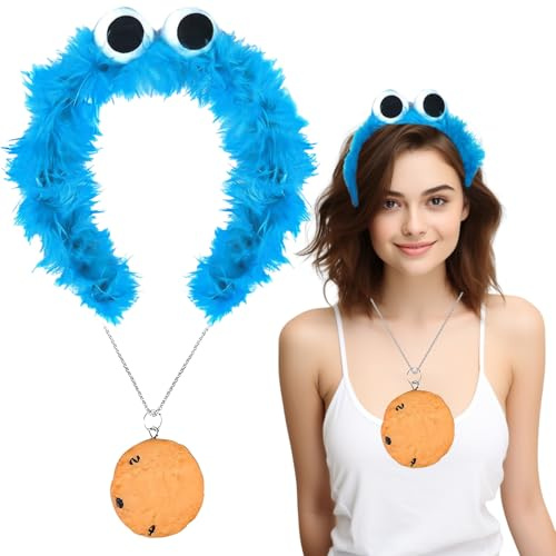JrnSvp Haarreif Krümelmonster, Krümelmonster Kostüm, 2 Stück Blau Accessoires mit Haarreif Damen und Halskette für Kostüm Fasching Cosplay für 14+ Jahre Alt