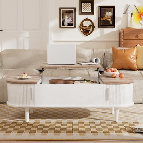 PURFINO Mesa de Centro con Tapa Elevable – Mesa Central Moderna de Madera con Puerta Corredera y Almacenamiento Oculto, para Salón, Espacios Pequeños, Oficina en Casa