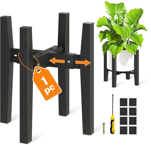 VASZOLA Verstellbarer Pflanzenständer aus Bambus für Einzelne Große Pflanzgefäße im Innenbereich, Robuster Bodentopfhalter für 20 bis 30 cm, Mid-Century-Stil, Erhöht für Blumen, Schwarz, 1 Packung