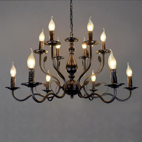 Groß Esszimmer Lampe Antik Kronleuchter Pendelleuchte LED 2 Etagen Vintage Schwarz Metall Eisen Wohnzimmer Hängelampe Rustikal Industrielle E14 Decke Strahler Restaurant Küche Büro 12-flammig, D100cm
