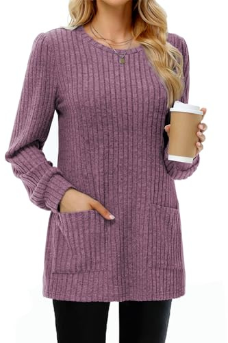 Tanmolo Suéter Mujer Largo Ligero con Bolsillos Cuello Redondo Manga Larga - Jersey Básico de Punto Suave para Otoño Invierno Primavera