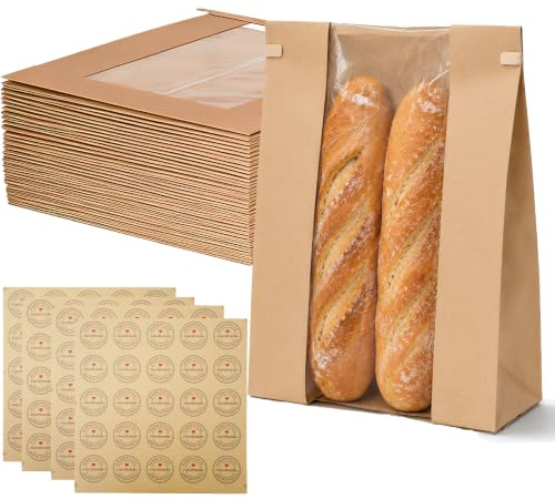 EffiQ-Rate 100Pcs Bulk Sourdough Bread Bags 35x9x21cm, Thickened Kraft Paper Bread Bag for Food With Clear Window, Large Bakery Bags with Tin Tie Closure and Stickers for Baguette, Toast, Cookie