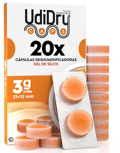 20 Capsule Deumidificanti per Apparecchi Acustici UdiDry Caps 3g (31mm) Anti Umidità con Gel di Silice di Alta Qualità - Capsule Essiccanti con Indicatore di Colore per Asciugatura Protesi Acustiche