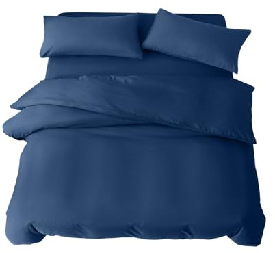 Double Duvet Set 4 Piece Double Bedding Set with Fitted Sheet and Pillowcases Soft Brushed Microfibre Breathable Duvet Cover Sets (Navy Blue)