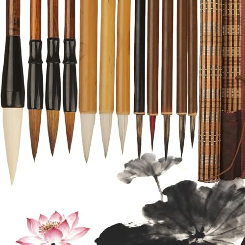 Calenxy 12 Stück Chinesische Kalligraphie Pinsel Set, Chinesischer Aquarell Pinsel mit gratis Pinseltasche Japanischer Sumi Zeichenpinsel Calligraphy Stifte feine Spitze für Anfänger Studenten