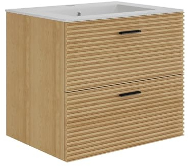 Vente-unique-Mueble de baño suspendido Estriado con Lavabo Empotrado - 2 cajones - Natural Claro - 60 cm - SARONE