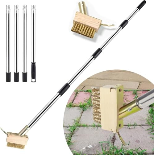 Cepillo de malezas con mango largo para limpiar patios, pavimento de bloques y herramienta de eliminación de patio con cerdas de alambre en ángulo, raspador de hoja de 60 pulgadas para eliminar la