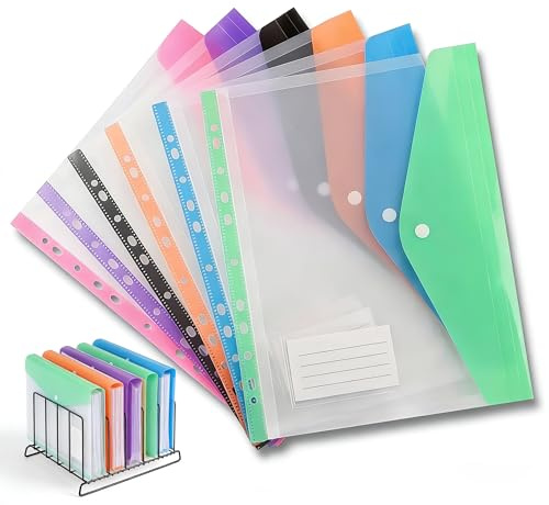 Pochette Plastique A4 Lot de 6 Couleurs Pochettes Perforées en Plastique A4 11 trous avec Bouton-Pression et Poche Etiquette extensible 2cm en PP résistant pour Classeur Bureau Ecole