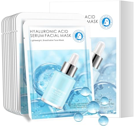 AOPEIBOTO Hyaluronic Acid Face Mask, Hydrating Face Masks Skincare, Sheet Masks for Smooth & Glowing Skin, Pack of 10