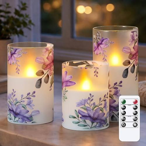 Wroxipel Pack of 3 Flameless Daily Timer Flickering Real Wax Pillar Candles, 3 x 4 5 6 LED Battery Operated Purple Flowers Glass Warm Light with Remote Control