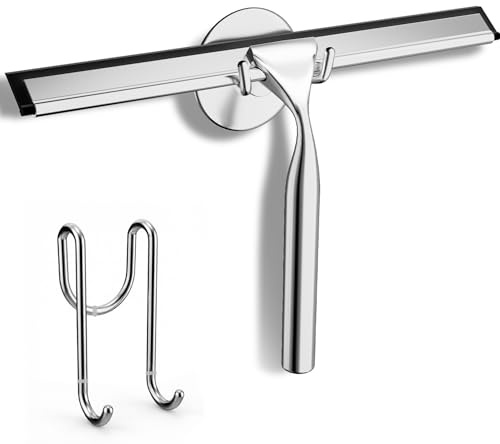 FARMER Shower Squeegee for Glass Doors, 10-Inch Glass Squeegee for Windows, Car Glass and Mirrors, Multi-Purpose Stainless Steel Squeegee with Suction Wall Hook and Over Door Hook, Silver