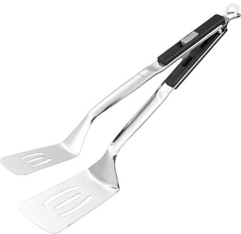 M METERXITY Spatula Tongs, 13.4 Inch 304 Stainless Steel Anti-Scald Extended Multifunctional Flipper Grill Clamp for Cooking/Barbecue, Kitchen Cooking Tongs [Black Handle, Silver Tone]