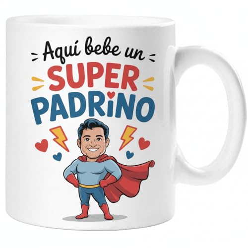 Taza SUPER PADRINO – Regalo Original para PADRINO | Taza de Cerámica 325ml con Diseño Superhéroe | Apta Microondas y Lavavajillas
