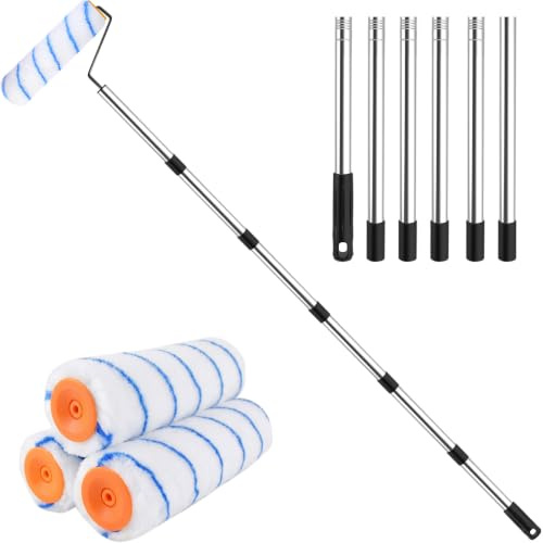 Paint Roller with Extendable Detachable Thickened Pole, 240 cm Paint Roller Set with 3 Replacement Covers, Household Wall Painting Tool, Long Paint Roller for Home Painting Walls and Ceiling