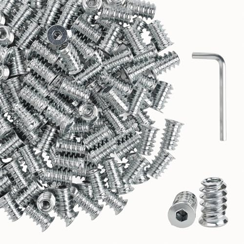 Shwdsy 100 Piezas Inserto Roscado M4 Madera, Acero al Carbono Tuercas para Madera M4 × 15 Mm, Tuerca de Inserción con Llave, Plateado Manguitos Roscados, para Hogar, Taller, Carpintería