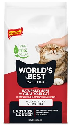 WORLD'S BEST CAT LITTER Multiple Cat Unscented, 15-Pounds - Natural Ingredients, Quick Clumping, Flushable, 99% Dust Free & Made in USA - Long-Lasting Odor Control & Easy Scooping