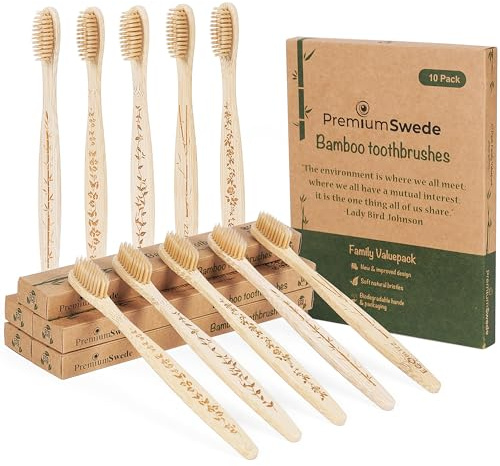 Premiumswede Bamboo Toothbrushes - Biodegradable Eco Friendly Soft Toothbrushes for Adults, Kids - Natural Wooden Toothbrushes with Soft Bristles - 10 Pcs Family Toothbrush Pack