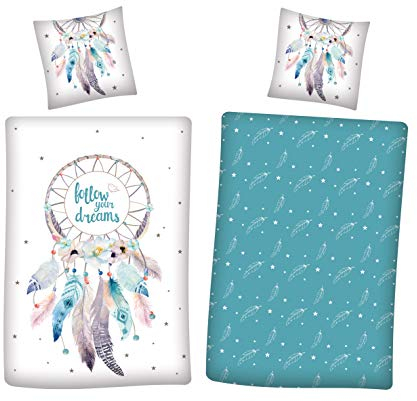 Traumfänger Bettwäsche Set 2-teilig Renforcé - Wendebettwäsche Türkis aus 100% Baumwolle - Deckenbezug 135x200 und Kissenbezug 80x80 cm mit Reißverschluss - kuschelig weich, Ökotex zertifiziert