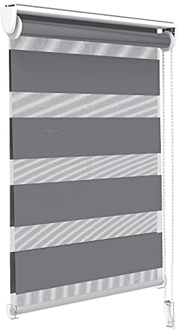 VOUNOT Day and Night Zebra Roller Blind with Clips 90 x 150 cm, Double Fabric Translucent or Blackout Vision Curtains for Window and Door, No Drilling, Grey