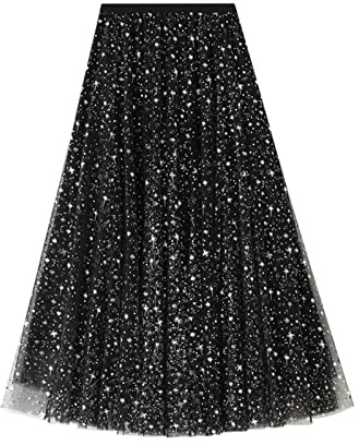 SotRong Glitzer Tüllrock Schwarz Damen Midi Überlagerter Mehrlagiger Elastischer Hoch Taillierter A Linien Tutu Rock Mesh-Chiffon-Faltenrock mit Blumendekoration