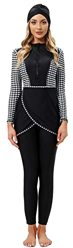 Burkini Damen Muslim Frauen Muslimische Bademode Modest Islamisch Arabisch Jilbab Langarm Schwimmoberteile Built in Bra+Schwimmhose+Hijab Kopftuch Khimar 3tlg Full Cover Schwimmanzug Schwarz Plaid L