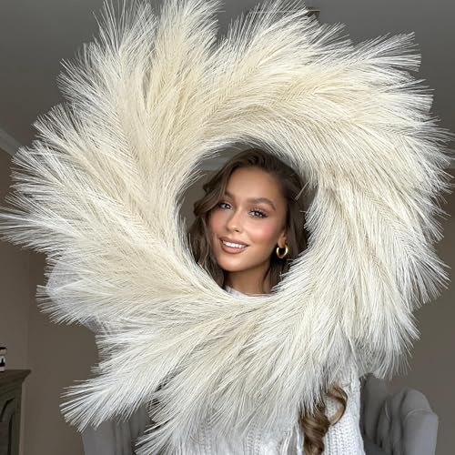 VOULUX Flauschiger künstlicher großer künstlicher Pampasgras-Kranz, 68,6 cm, cremefarben, Moderne Feder, Boho-Kranz, Innenkränze, Bauernhaus-Kranz, Wanddekoration, Baby, Seegras, Weizen, natürlicher
