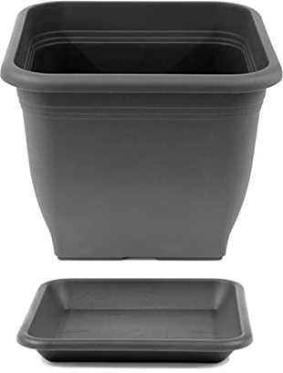 HAC24 Pflanztopf 28 x 28 cm Kunststoff incl. Untersetzer Eckig Anthrazit Pflanzkübel Pflanzuntersetzer Blumentopf Blumenkübel Pflanzcontainer (1)