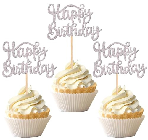 SYKYCTCY 36 Pack Happy Birthday Cupcake Toppers Glitter Celebrating Birthday Cupcake Picks Baby Shower Kids Anniversary Party Cake Decorations Supplies Silver