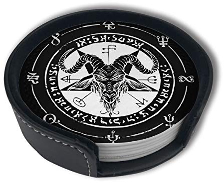 Schwarze satanische Ziegen-Pentagramm-Untersetzer für Getränke mit Halter, Lederuntersetzer im 6er-Set, runde Tassen, Tassen, Unterlage für die Küche zu Hause