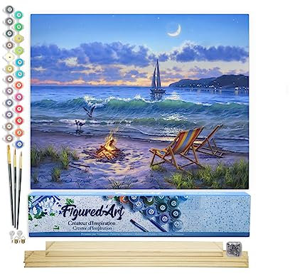 Figured'Art Peinture par Numéro Adulte Vue sur la plage - Activité Manuelle Kit de Loisir Créatif DIY Numéro d'Art Complet - 40x50cm avec châssis en bois à monter