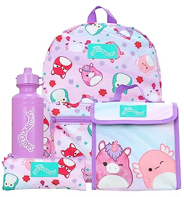 Squishmallows Set de 4 Piezas de Mochila Escolar Set de Mochila y Bolsa de Almuerzo para Niños con Estuche de Lápices y Botella de Agua | Mochilas Infantiles | Mercancía Oficial
