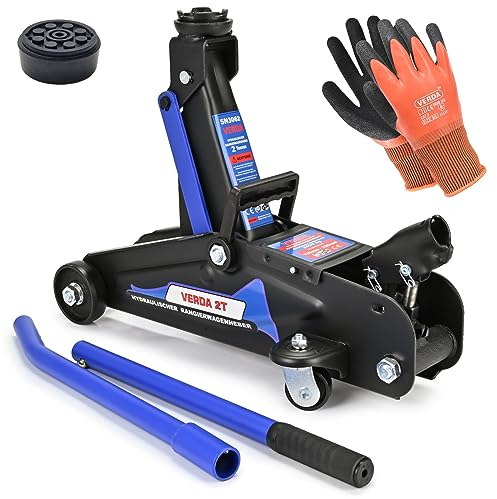 Verda Wagenheber hydraulisch 2T, 130-330 mm, Gummiuaflage SUV, Jeep Rangierwagenheber Heber Auto Geländewagen, extra flach, Wohnmobil inkl. Handschuhe Profi (Hubhöhe 130-330mm)