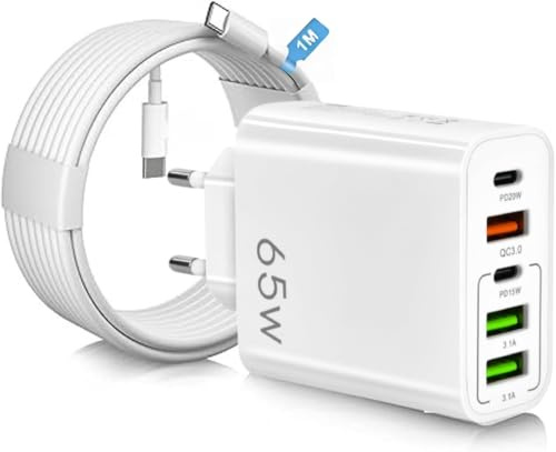 Cargador Múltiple 65W 5 Puertos USB C + Cable Tipo C, Cargador de Móvil de Red Carga Rápido PD QC3.0. Compatible con Móviles Samsung, iPhones. Cavo USB-C y Cargador Rápido Múltiple 65w