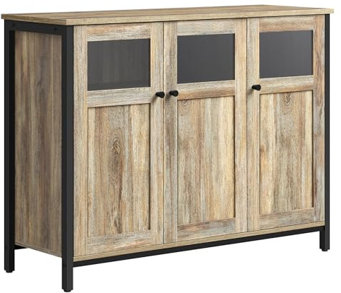 VASAGLE Sideboard, Buffet Table, Storage Cabinet with Glass Doors, Dining Room, Living Room, Hallway, Kitchen, Steel Frame, Industrial Style, Turquoise Brown and Ink Black LSC099B60