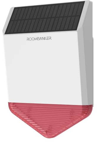 Roombanker Wireless Outdoor Siren with Solar Panel - Loud Alarm & Flashing Strobe, IP65, Long-Range Communication, Requires Roombanker Hub