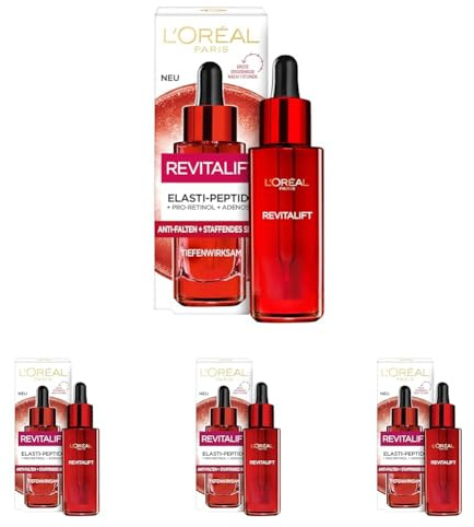 L'Oréal Paris Hyaluron Sofort Effekt Serum, Tiefenwirksame Anti-Aging Gesichtspflege zur Minderung von Falten, Mit Hyaluronsäure und Pro-Elastin, Revitalift, 1 x 30 ml (Packung mit 4)