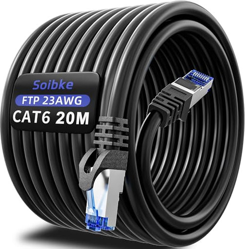 Ethernet Cable 20m Cat 6, Internet Cable High Speed Network Cable 1000Mbps Gigabit Wifi Cable FTP Shielded Patch Cables Weatherproof 23AWG LAN Cables Black Wlan Cables Indoor LAN Cables for Router