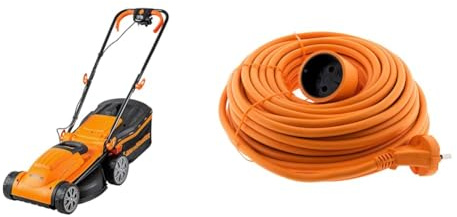 LawnMaster MEB1434M Tondeuse et tracteurs 1400W 34cm, 6 Hauteurs Réglable 20-70mm, 32L Bac de Ramassage 2 Ans de Garantie & Prolongateur 16A HO5VV-F 2X 1,5 2P sans Terre Orange 20m - Zenitech