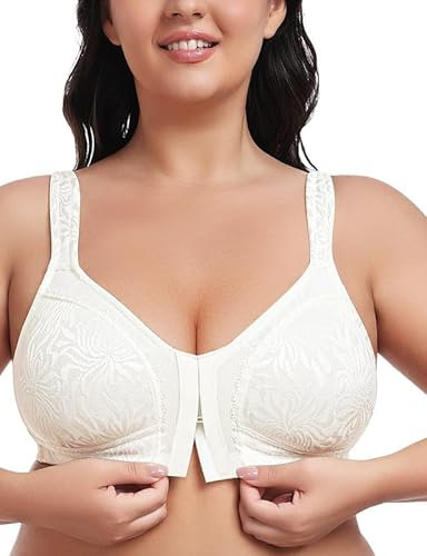 WingsLove Front Fastening Bras for Women Minimizer Wireless Non Padded Full Coverage Back Support Plus Size Bras (Ivory,40DD)